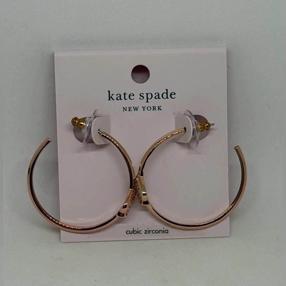 NEW Kate Spade Rose Gold Tone Pave Everyday Spade Hoop Earrings CZ Dust Bag Gift